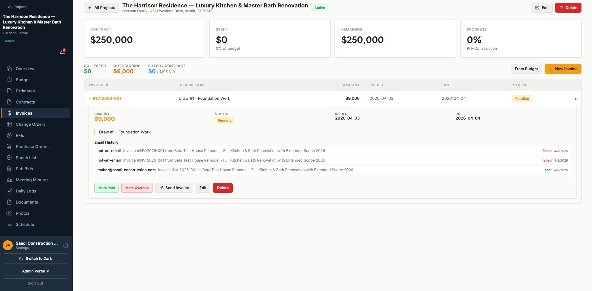 BuilderFlow Pro Invoices app screenshot