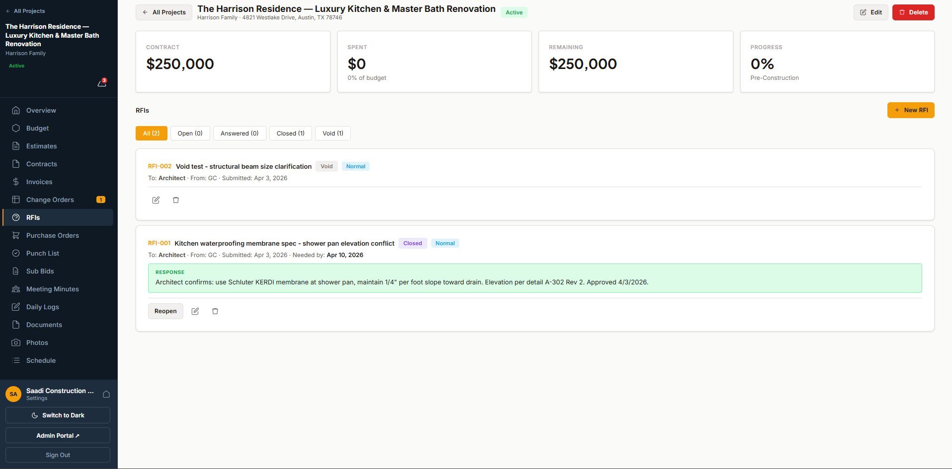 BuilderFlow Pro RFIs app screenshot